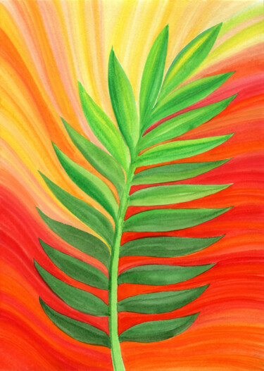 Painting titled "Palm Leaf at Sunset…" by Nata Korpusova, Original Artwork, Watercolor