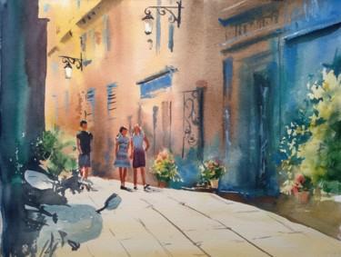 Painting titled "SPAIN SUMMER STREET" by Nata New, Original Artwork, Watercolor