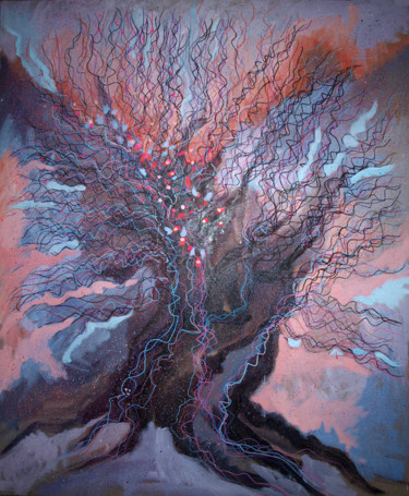 Painting titled ""ARBRE CHEVELU ROSE…" by Natacha Kolson, Original Artwork, Oil