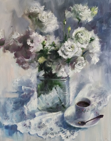 Pittura intitolato "Morning coffee" da Natalia Nikolenko, Opera d'arte originale, Olio