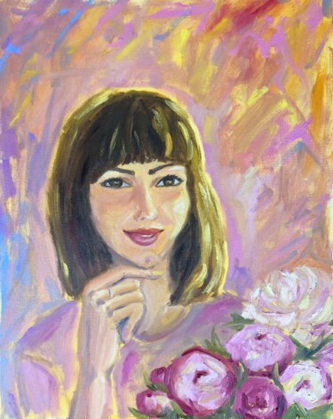 Painting titled "Happy young woman" by Natala Azarna, Original Artwork, Oil Mounted on Wood Panel