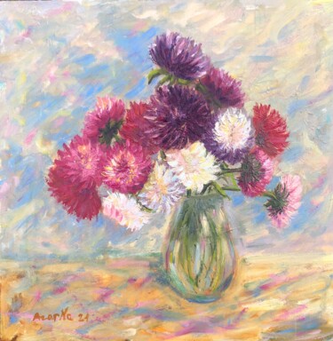 Painting titled "Crazy asters in vase" by Natala Azarna, Original Artwork, Oil Mounted on Wood Panel