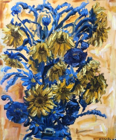 Painting titled "Sunflowers and blue…" by Natala Azarna, Original Artwork, Oil Mounted on Wood Panel