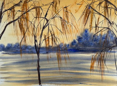 Painting titled "golden willows" by Natala Azarna, Original Artwork, Watercolor