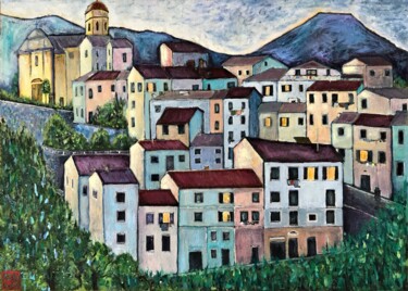 Painting titled "Italian town in blue" by Natali Part, Original Artwork, Oil