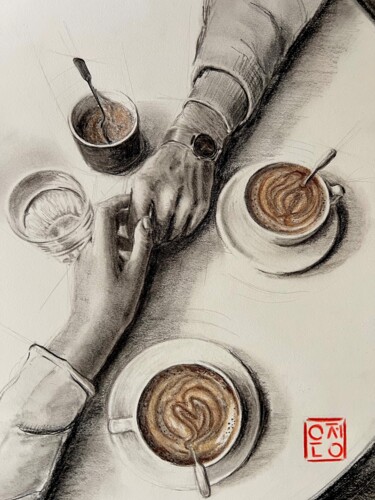 Drawing titled "Coffee encounter #1…" by Natali Part, Original Artwork, Charcoal