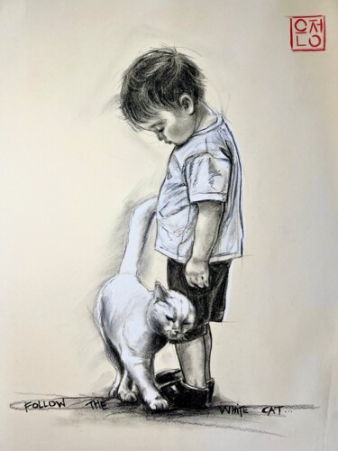 Рисунок под названием "the white cat" - Natali Part, Подлинное произведение искусства, Древесный уголь
