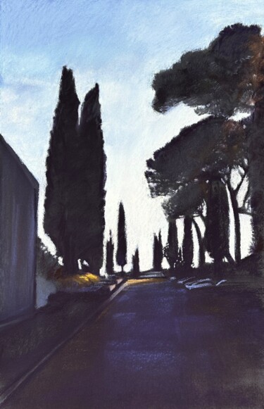 Malerei mit dem Titel "Cypress trees at su…" von Natalia Balashova. Pastelist., Original-Kunstwerk, Pastell