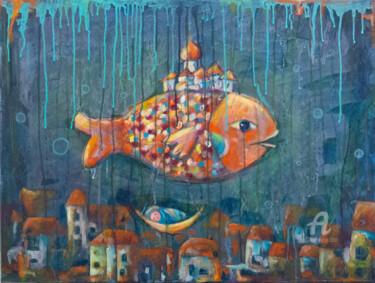 Картина под названием "The rain over the c…" - Natalia Berezina (natimade), Подлинное произведение искусства, Акрил