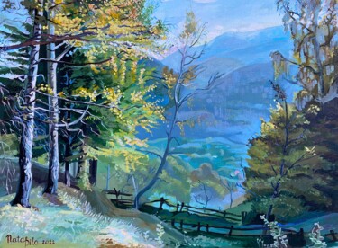 Painting titled "Етюд «Осінь у Карпа…" by Natalia Bila, Original Artwork, Oil Mounted on Wood Stretcher frame