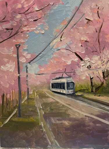 Painting titled "Spring tram" by Natalia Chernitsa, Original Artwork, Oil