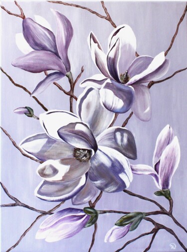 Painting titled "Magnolia branch." by Natalia Damaskina, Original Artwork, Acrylic