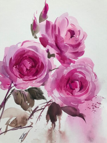 Картина под названием "Parfum des roses" - Natalia Dluska, Подлинное произведение искусства, Акварель