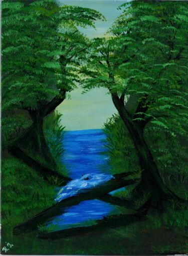 Painting titled "Forest stream/Лесно…" by Natalia Ivanova, Original Artwork, Acrylic Mounted on Wood Stretcher frame