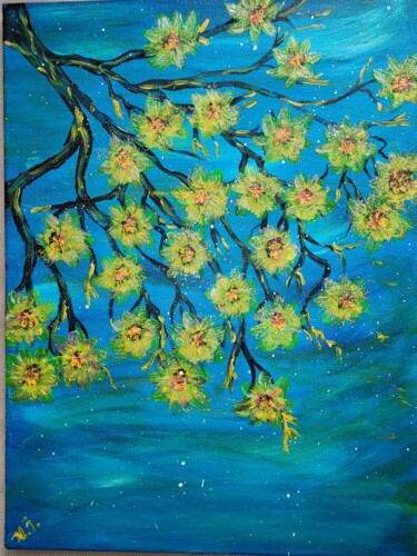 Schilderij getiteld "Yellow tree/Желтое…" door Natalia Ivanova, Origineel Kunstwerk, Acryl Gemonteerd op Frame voor houten b…