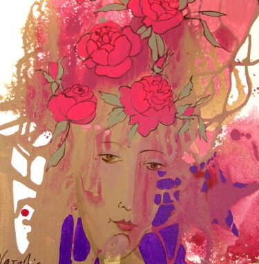 Картина под названием "Flower Head Woman" - Natalia Kaza, Подлинное произведение искусства, Акрил