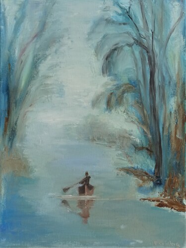 Painting titled "Misty Serenity - Oi…" by Natalia Kichatova, Original Artwork, Oil Mounted on Wood Stretcher frame