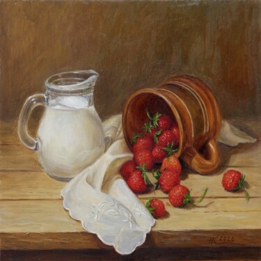 Malerei mit dem Titel "Strawberry with milk" von Natalia Korbukh, Original-Kunstwerk, Öl
