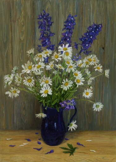 Schilderij getiteld "Chamomile Flowers" door Natalia Korbukh, Origineel Kunstwerk, Olie