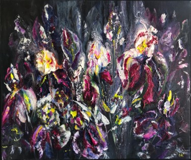 Painting titled "Burgundy Irises" by Natalia Kutova, Original Artwork, Acrylic Mounted on Wood Stretcher frame