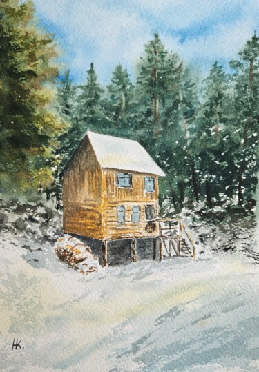 Malerei mit dem Titel "Winter house" von Natalia Kuznetsova, Original-Kunstwerk, Aquarell