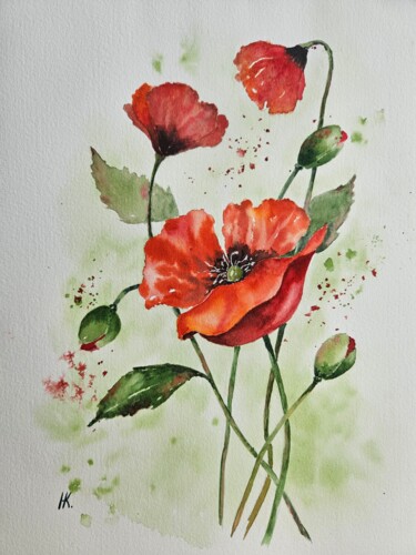 Картина под названием "Red poppies" - Natalia Kuznetsova, Подлинное произведение искусства, Акварель
