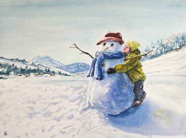 Peinture intitulée "Snowmen" par Natalia Kuznetsova, Œuvre d'art originale, Aquarelle
