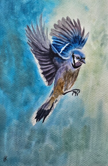 Painting titled "Blue jay" by Natalia Kuznetsova, Original Artwork, Watercolor