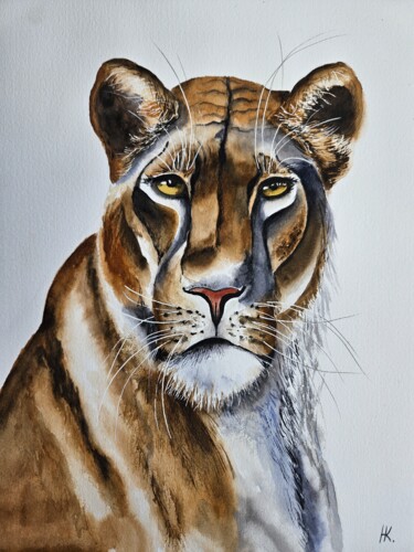 Painting titled "Lioness" by Natalia Kuznetsova, Original Artwork, Watercolor