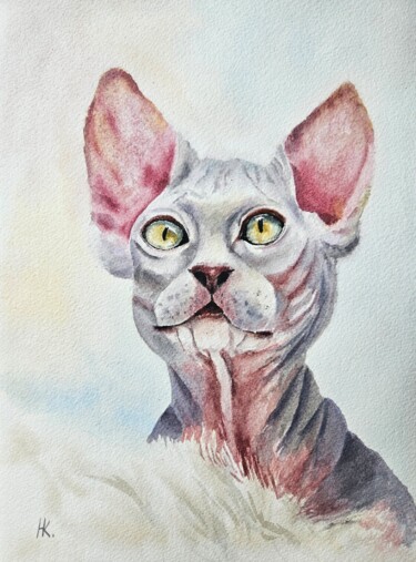 Painting titled "Sphynx cat" by Natalia Kuznetsova, Original Artwork, Watercolor