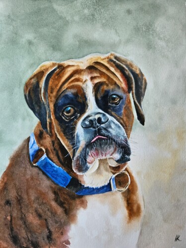 Painting titled "Sad dog (Boxer)" by Natalia Kuznetsova, Original Artwork, Watercolor
