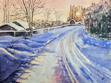 Schilderij getiteld "Winter village #2" door Natalia Kuznetsova, Origineel Kunstwerk, Aquarel