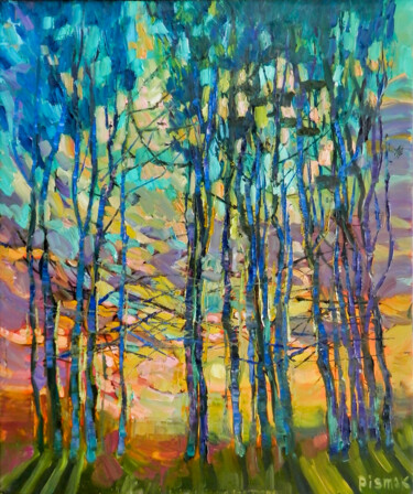 Painting titled "Trees" by Natalia Pismak, Original Artwork, Oil Mounted on Wood Stretcher frame