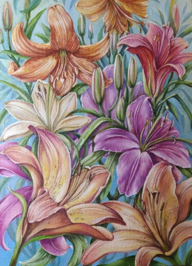 Картина под названием "lily flowers" - Natalia Rudnitskiy, Подлинное произведение искусства, Масло
