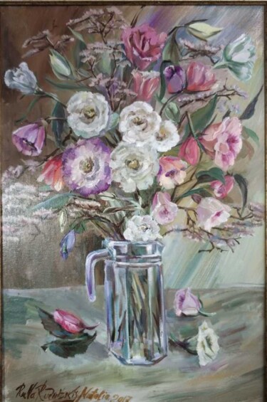 Картина под названием "Flowers in a decant…" - Natalia Rudnitskiy, Подлинное произведение искусства, Масло Установлен на Дер…