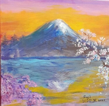 绘画 标题为“Fuji at Sunset” 由Nataliа Sharoni, 原创艺术品, 丙烯 安装在木质担架架上