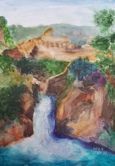 Painting titled "Waterfall" by Natalia Sharoni, Original Artwork, Watercolor Mounted on Cardboard