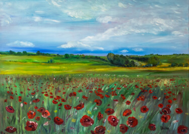 Peinture intitulée "Poppy field in Cata…" par Natalia Shchipakina, Œuvre d'art originale, Huile Monté sur Châssis en bois