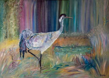 Painting titled "Crane and swamp" by Natalia Shchipakina, Original Artwork, Oil Mounted on Wood Stretcher frame
