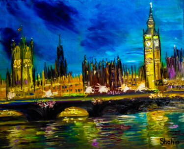Painting titled "London. Big-Ben tow…" by Natalia Shchipakina, Original Artwork, Oil Mounted on Wood Stretcher frame