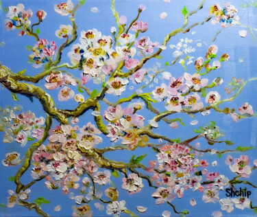 Painting titled "Sakura" by Natalia Shchipakina, Original Artwork, Oil Mounted on Wood Stretcher frame