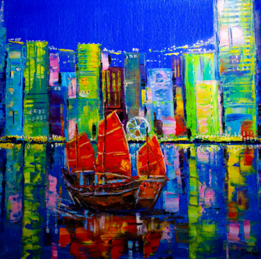 Painting titled "Hong-Kong" by Natalia Shchipakina, Original Artwork, Oil Mounted on Wood Stretcher frame