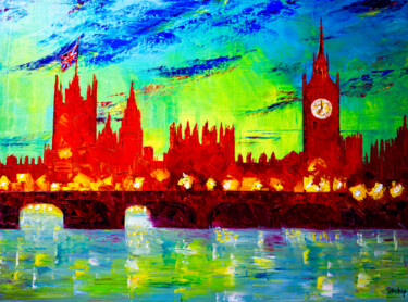 Painting titled "London in red color" by Natalia Shchipakina, Original Artwork, Oil Mounted on Wood Stretcher frame