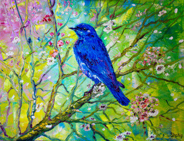 Painting titled "Bluebird on a bloss…" by Natalia Shchipakina, Original Artwork, Oil Mounted on Wood Stretcher frame