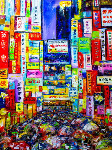 Schilderij getiteld "Tokyo. Evening rain" door Natalia Shchipakina, Origineel Kunstwerk, Olie Gemonteerd op Frame voor houte…