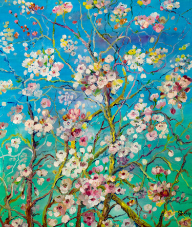 Painting titled "Sakura flowers" by Natalia Shchipakina, Original Artwork, Oil Mounted on Wood Stretcher frame