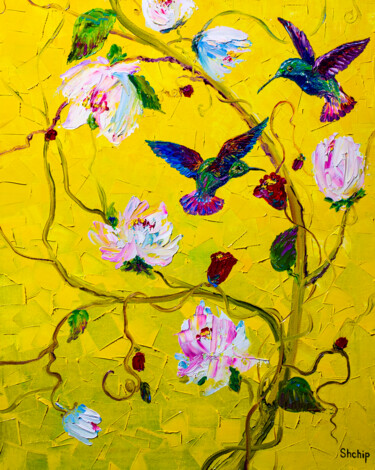 Painting titled "Hummingbird" by Natalia Shchipakina, Original Artwork, Oil Mounted on Wood Stretcher frame