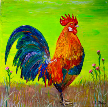Painting titled "Rooster. Rustic mor…" by Natalia Shchipakina, Original Artwork, Oil Mounted on Wood Stretcher frame