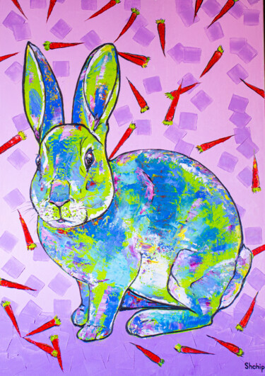Ζωγραφική με τίτλο "Rabbit and carrot" από Natalia Shchipakina, Αυθεντικά έργα τέχνης, Λάδι Τοποθετήθηκε στο Ξύλινο φορείο σ…