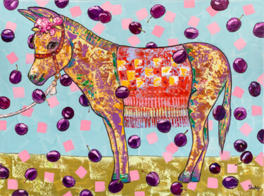 「Donkey and Plum」というタイトルの絵画 Natalia Shchipakinaによって, オリジナルのアートワーク, オイル ウッドストレッチャーフレームにマウント